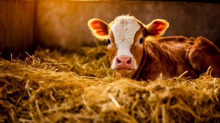 Cute young calf lies in straw. Calf lying in straw inside dairy farm in the barn.の素材