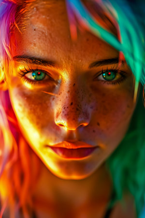 Young woman with colorful hair staring into the camera.の素材