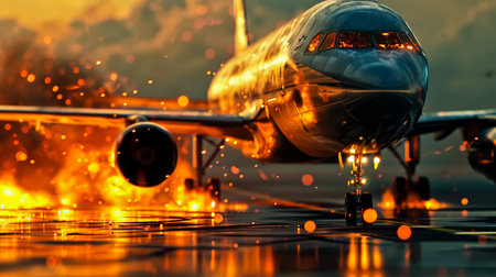 A fire on a passenger airliner.の素材