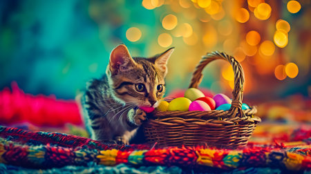 A cat and wicker basket with colorful Easter eggs.の素材