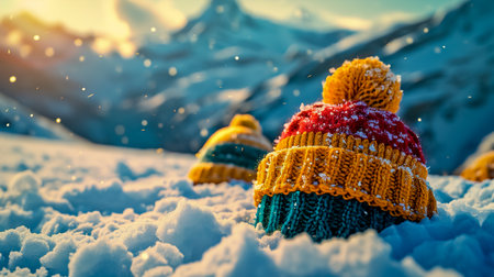 Color knit hats with on snow background.の素材