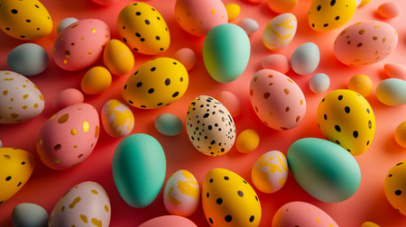 Colorful Easter eggs flat lay on colored background.の素材