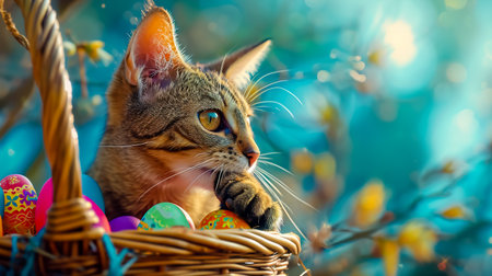A cat and wicker basket with colorful Easter eggs.の素材