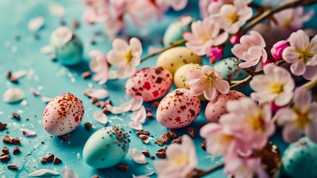 Colorful Easter eggs with cherry blossoms on color background.の素材