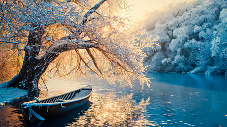Frozen tree and boat in the lake.の素材