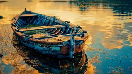 Lonely dilapidated boat on the lakeの素材