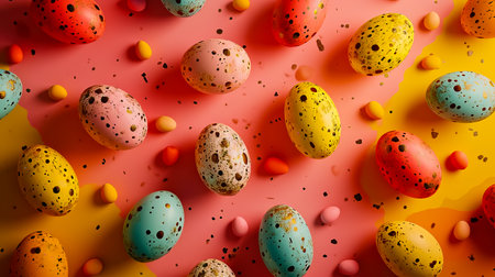 Colorful Easter eggs flat lay on colored background.の素材