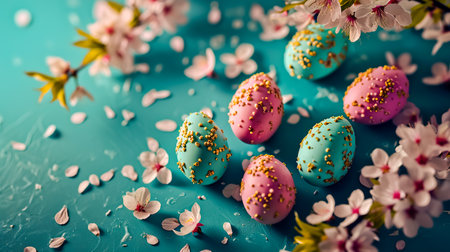 Colorful Easter eggs with cherry blossoms on color background.の素材