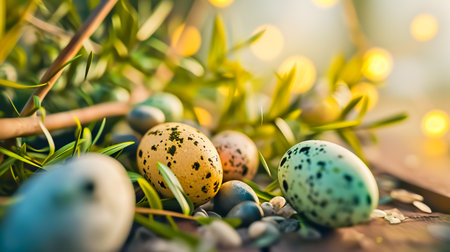 Composition with Easter eggs and green branches. Happy Easter.の素材