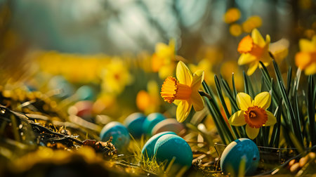 Easter eggs and daffodil flower on meadow.の素材