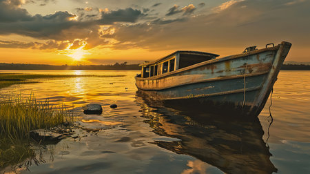 Lonely dilapidated boat on the lakeの素材