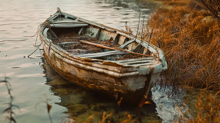 Lonely dilapidated boat on the lakeの素材