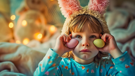 Portrait of funny kid boy with plush bunny ears on head covering eyes with multicolored Easter eggs.の素材