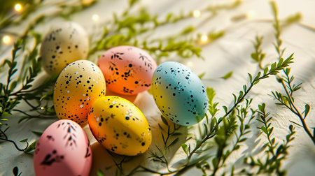 Composition with Easter eggs and green branches. Happy Easter.の素材