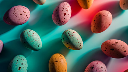 Colorful Easter eggs flat lay on colored background.の素材