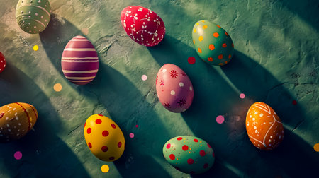 Colorful Easter eggs flat lay on colored background.の素材