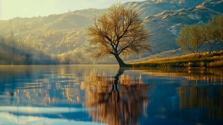 Single tree on a lake.の素材