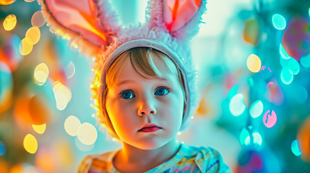Portrait of funny kid boy with plush bunny ears on head covering eyes with multicolored Easter eggs.の素材