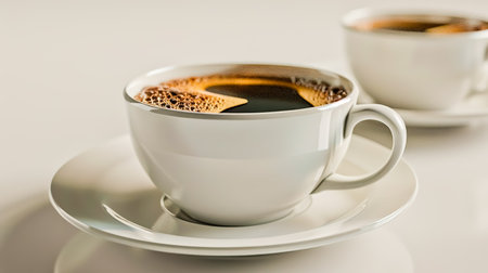Coffee cup with fresh coffee, with a saucer on white background.の素材