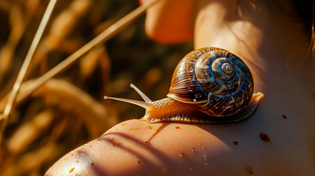 An Achatina snail on a woman's arm.の素材