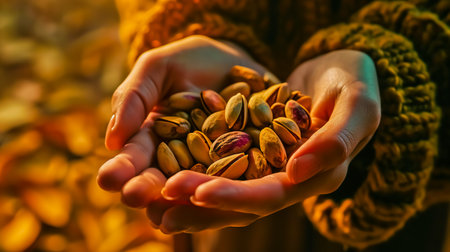 Close-up of woman's hands holding pistachio nutsの素材