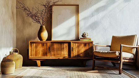 Creative composition of living room interior with mock up poster frame, copy space, wooden sideboard, vase with branch, rattan armchair, beige rug and personal accessories. Home decor.の素材