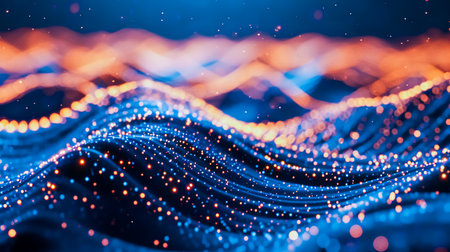 Digital wave with many dots and particles. Abstract dynamic wave background. Technology or science banner.の素材