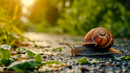 Big snail in shell crawling on road, spring day in garden.の素材