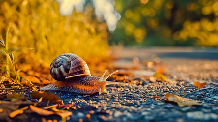 Big snail in shell crawling on road, spring day in garden.の素材