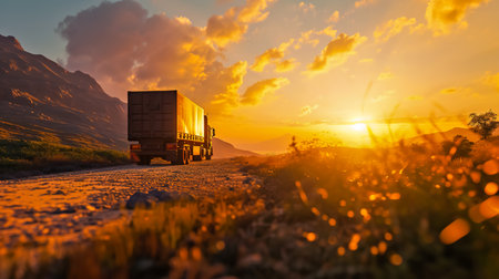 Cargo truck driving through landscape at sunset.の素材