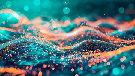 Digital wave with many dots and particles. Abstract dynamic wave background. Technology or science banner.の素材