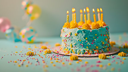 Birthday cake with blue frosting and yellow birthday candles ready for a birthday party, blue background.の素材