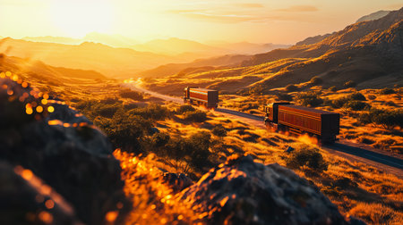 Two cargo trucks driving through landscape at sunset.の素材