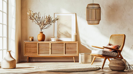 Creative composition of living room interior with mock up poster frame, copy space, wooden sideboard, vase with branch, rattan armchair, beige rug and personal accessories. Home decor.の素材