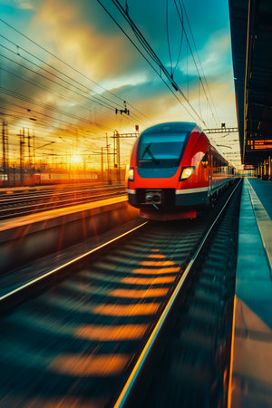 High speed train in motion on the railway station at sunset. Fast moving modern passenger train on railway platform. Railroad with motion blur effect. Commercial transportation. Blurred background.の素材