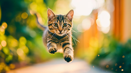 Funny cat flying. Cat jumping mid-air looking at camera.の素材