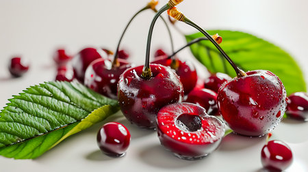 Set of ripe whole and sliced cherry isolated on white background.の素材