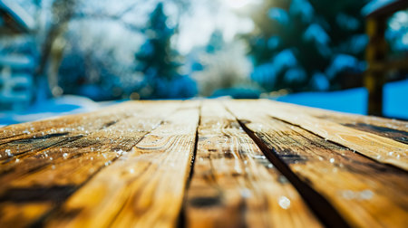 The empty wooden table with blur background of winter.の素材