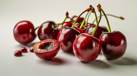 Set of ripe whole and sliced cherry isolated on white background.の素材