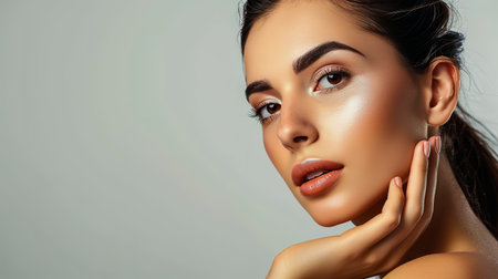 Photo of skincare and cosmetics concept with copy space for text. Woman with beautiful face touching healthy facial skin portrait.の素材
