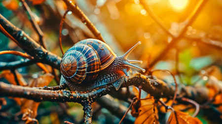 Big snail in shell crawling on branch, autumn day in garden.の素材