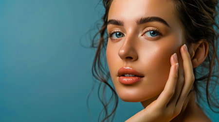 Photo of skincare and cosmetics concept with copy space for text. Woman with beautiful face touching healthy facial skin portrait.の素材