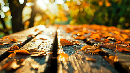 The empty wooden table with blur background of autumn.の素材