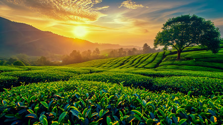 Green tea plantation at sunrise time, nature background.の素材