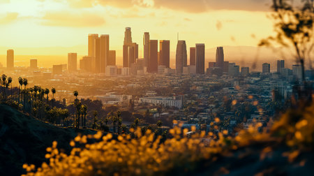 The skyline of Los Angeles during sunrise.の素材