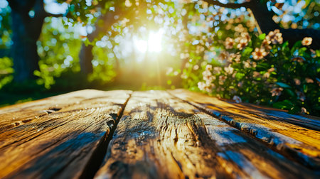 The empty wooden table with blur background of spring.の素材
