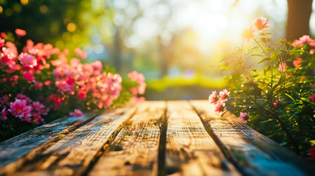The empty wooden table with blur background of spring.の素材