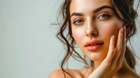 Photo of skincare and cosmetics concept with copy space for text. Woman with beautiful face touching healthy facial skin portrait.の素材