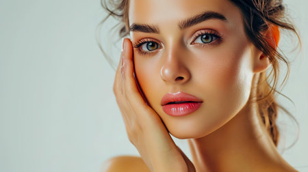 Photo of skincare and cosmetics concept with copy space for text. Woman with beautiful face touching healthy facial skin portrait.の素材