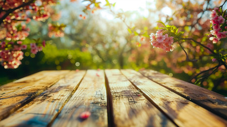 The empty wooden table with blur background of spring.の素材